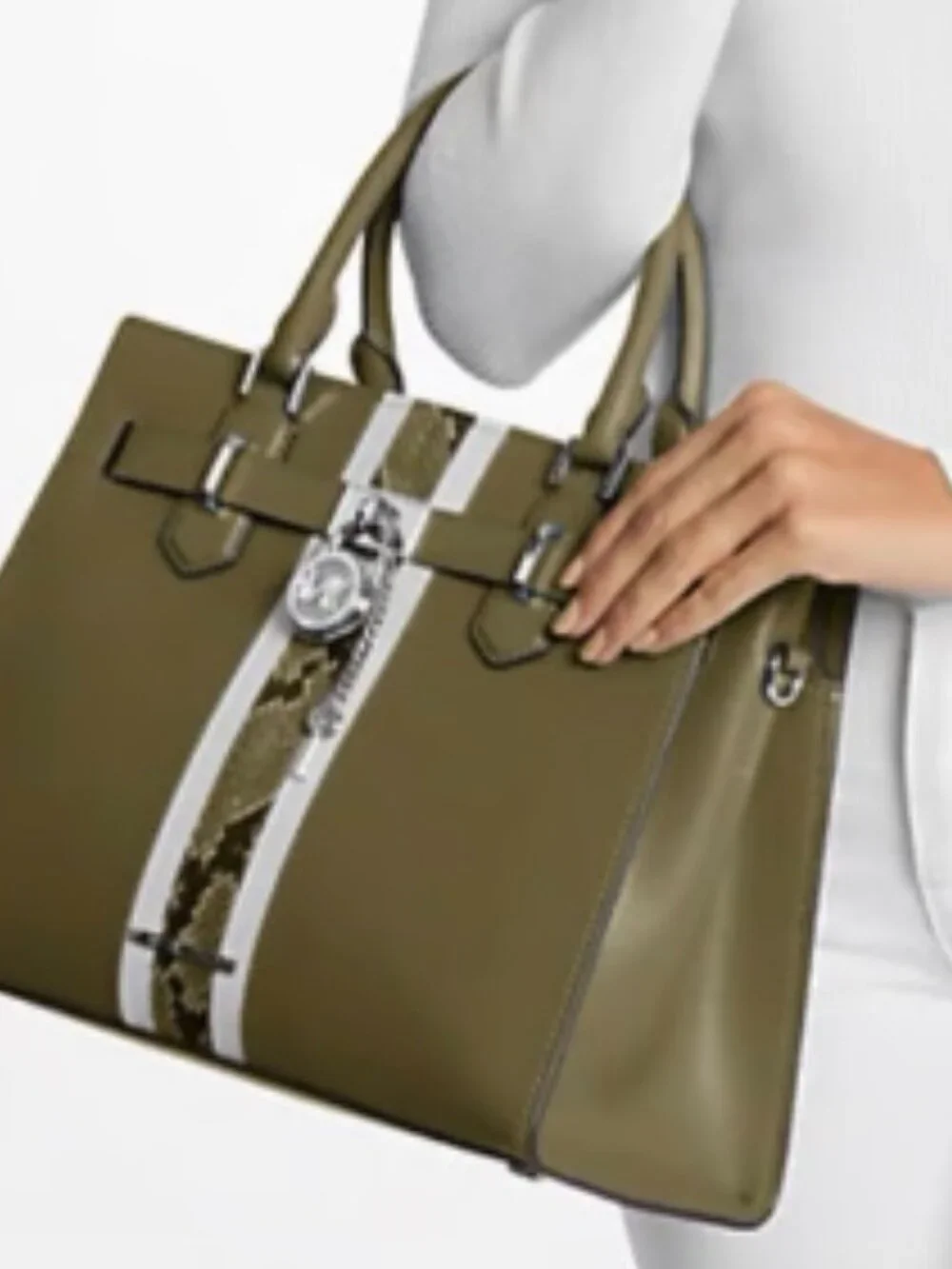 Michael Kors Olive Hamilton Medium Leather & Snake Embossed Stripe Satchel - Picture 3 of 7